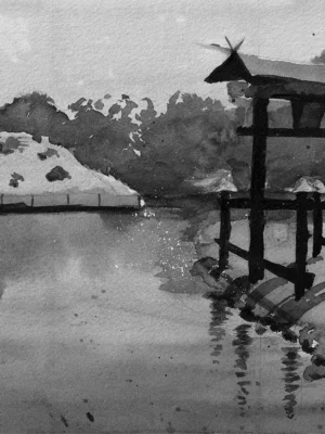 Schwarz-wei&szlig;es Aquarell mit dem Titel "Shinto-Schrein - Japan", das ein ruhiges Seeufer mit einem h&ouml;lzernen Torii-Tor am Wasser, einem Baum auf einer Insel und B&auml;umen, die sich im ruhigen See spiegeln, zeigt.
