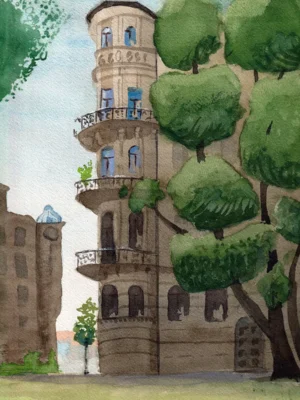 Aquarellmalerei der K&ouml;nigswarterstra&szlig;e 7, eines Eckgeb&auml;udes mit verzierten Balkonen, einer abgerundeten Fassade und hohen Fenstern, umgeben von &uuml;ppigem Gr&uuml;n aus B&auml;umen und Rasen. Im Hintergrund ist unter einem blauen Himmel ein weiteres Geb&auml;ude zu sehen.