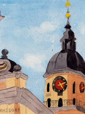 Kirchturm Wilhermsdorf: Aquarell des Kirchturms mit schwarzer Kuppel, goldenem Wetterhahn und roten Zifferbl&auml;ttern vor blauem Himmel. Verzierte Details auf der linken Seite. Signiert: G&uuml;nther, Juni 2022.