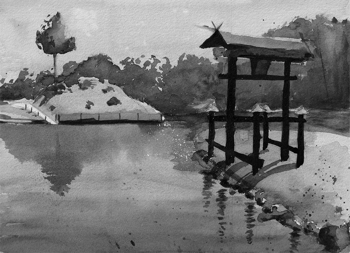 Aquarellbild einer friedlichen Szene am Seeufer mit einem japanischen Torii-Tor auf der rechten Seite, Bäumen und einem grasbewachsenen Hügel im Hintergrund sowie Spiegelungen auf dem ruhigen Wasser.